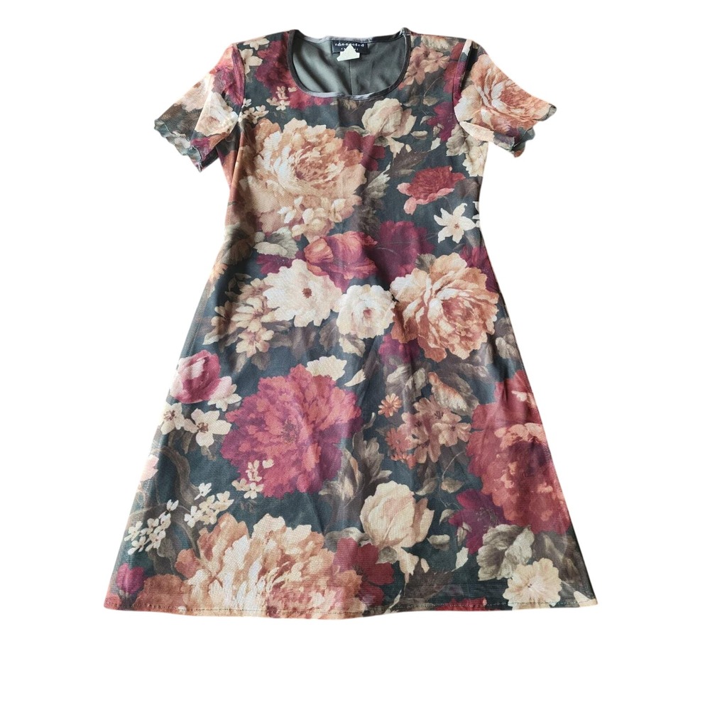 Connected  Apparel Vintage Floral Print‎ Mesh Dress Size 10 Short Sleeve Sheer